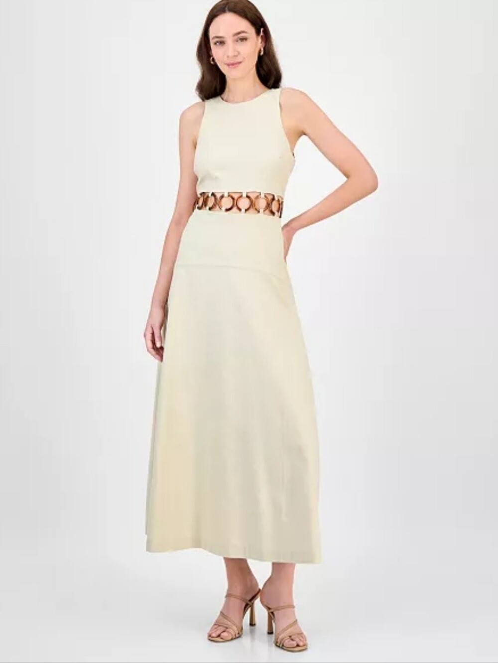 Rachel Roy NWT $169 Linen Blend Cutout Maxi Dress Size 6 Beige Ring Detail